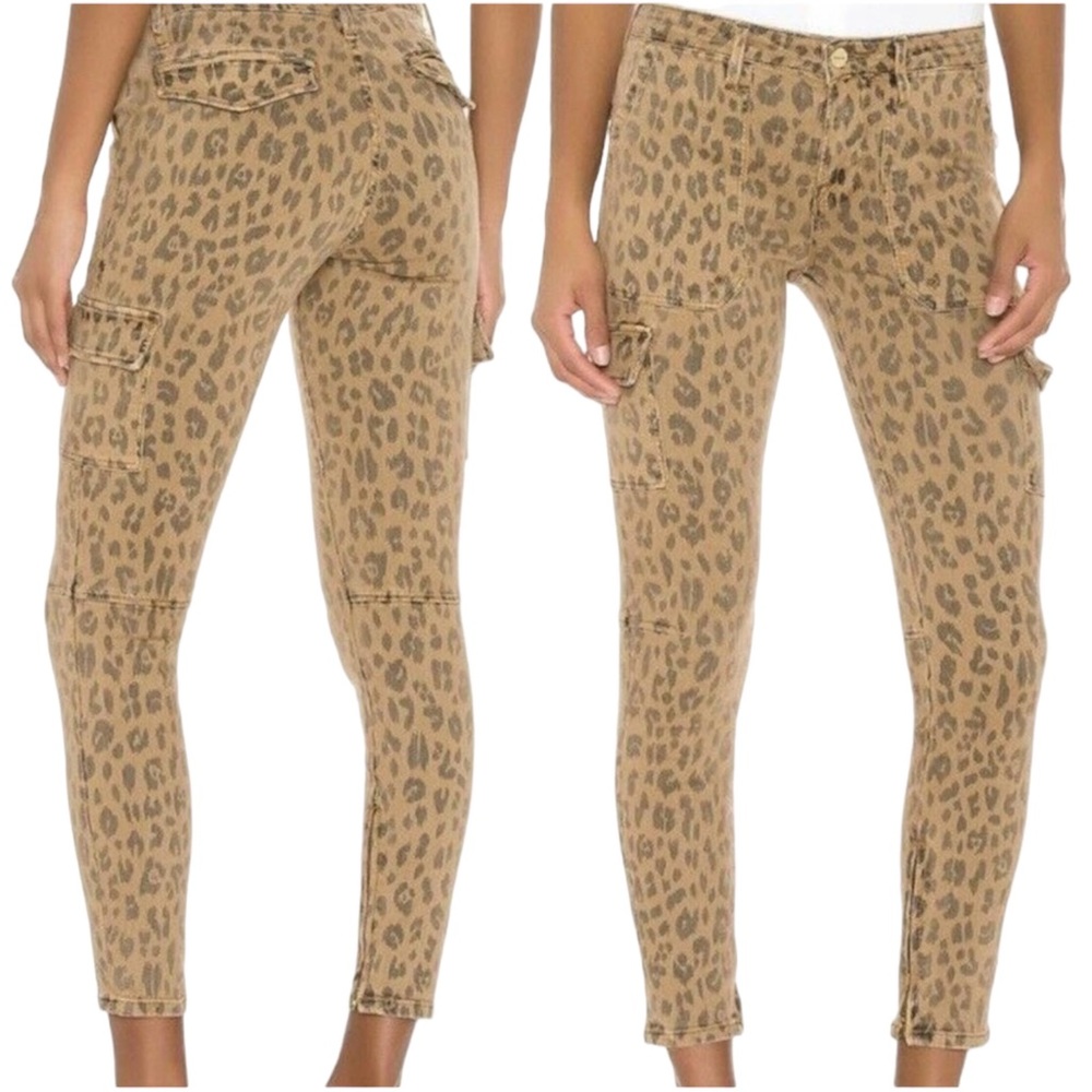 Frame Women Pants Beige Jeans Cargo Cheetah Print Ankle Zip Bush Pockets Size 24